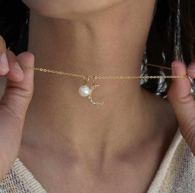 Pearl Beaded Moon 18K Gold PVD Stainless Steel Charm