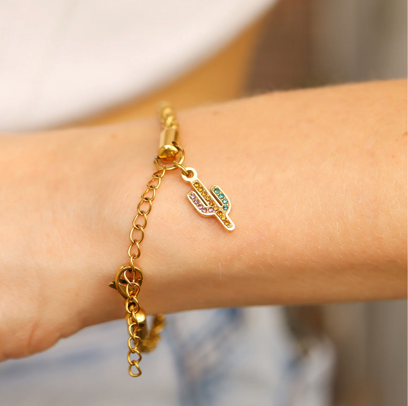 18K Gold PVD Stainless Steel Cactus with CZ Stone Charm