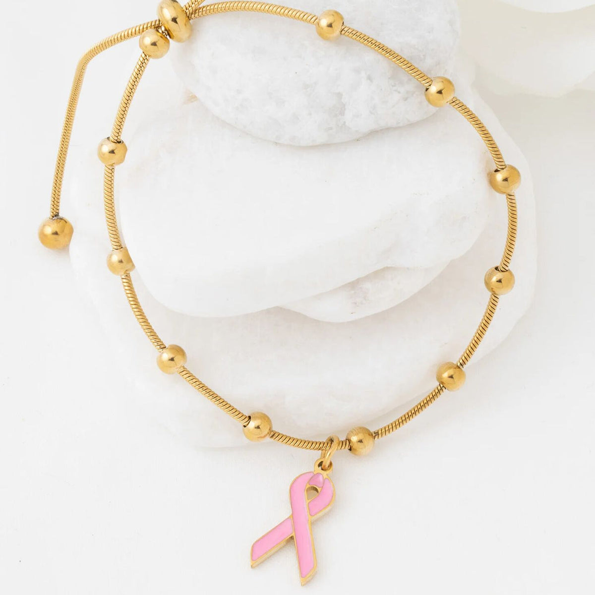 18K Gold PVD Stainless Steel Pink Ribbon Bracelet