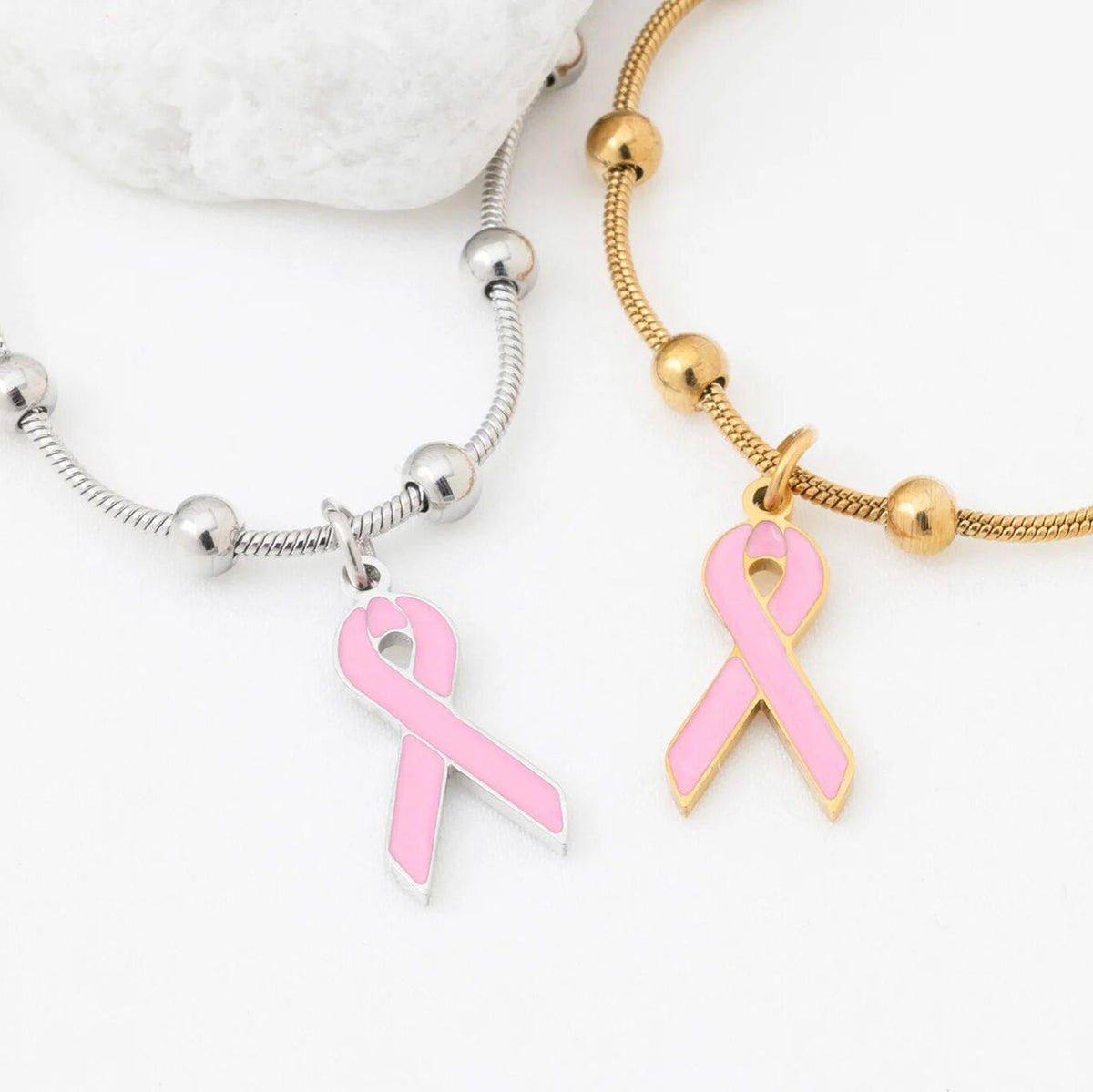 18K Gold PVD Stainless Steel Pink Ribbon Bracelet