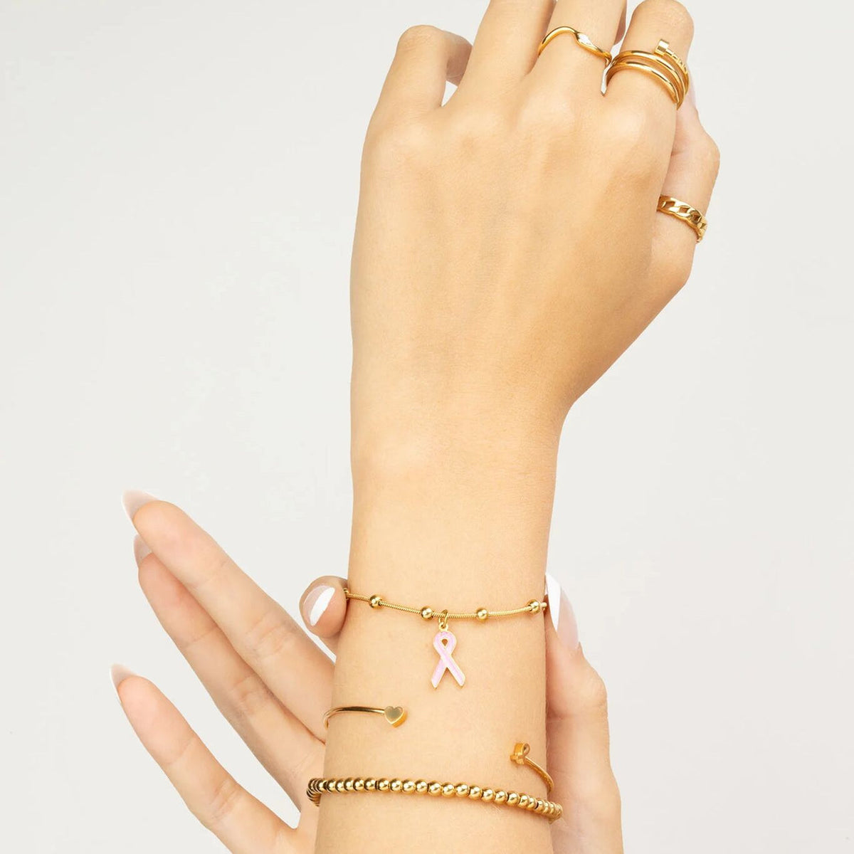 18K Gold PVD Stainless Steel Pink Ribbon Bracelet