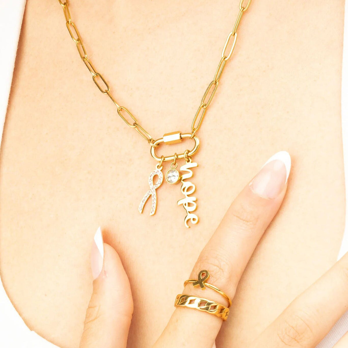 18K Gold PVD Stainless Steel Carabiner 3 Charm Necklace