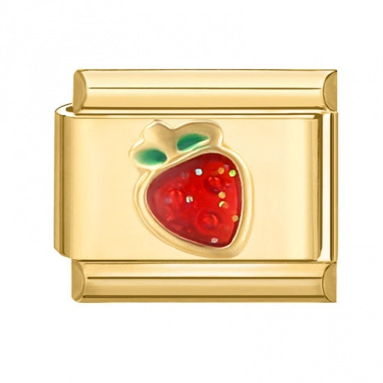 Glitter Strawberry Gold Plated Stainless Steel Italian Charm