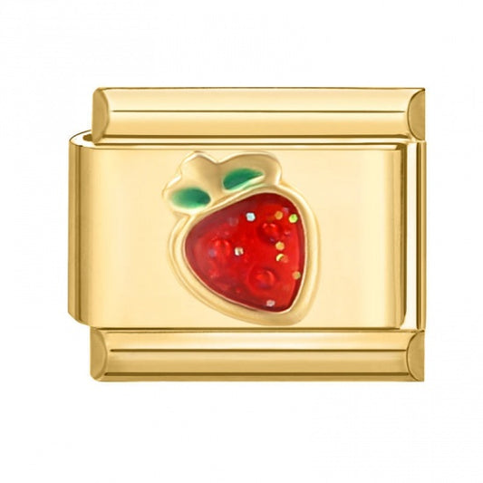 Glitter Strawberry Gold Plated Stainless Steel Italian Charm