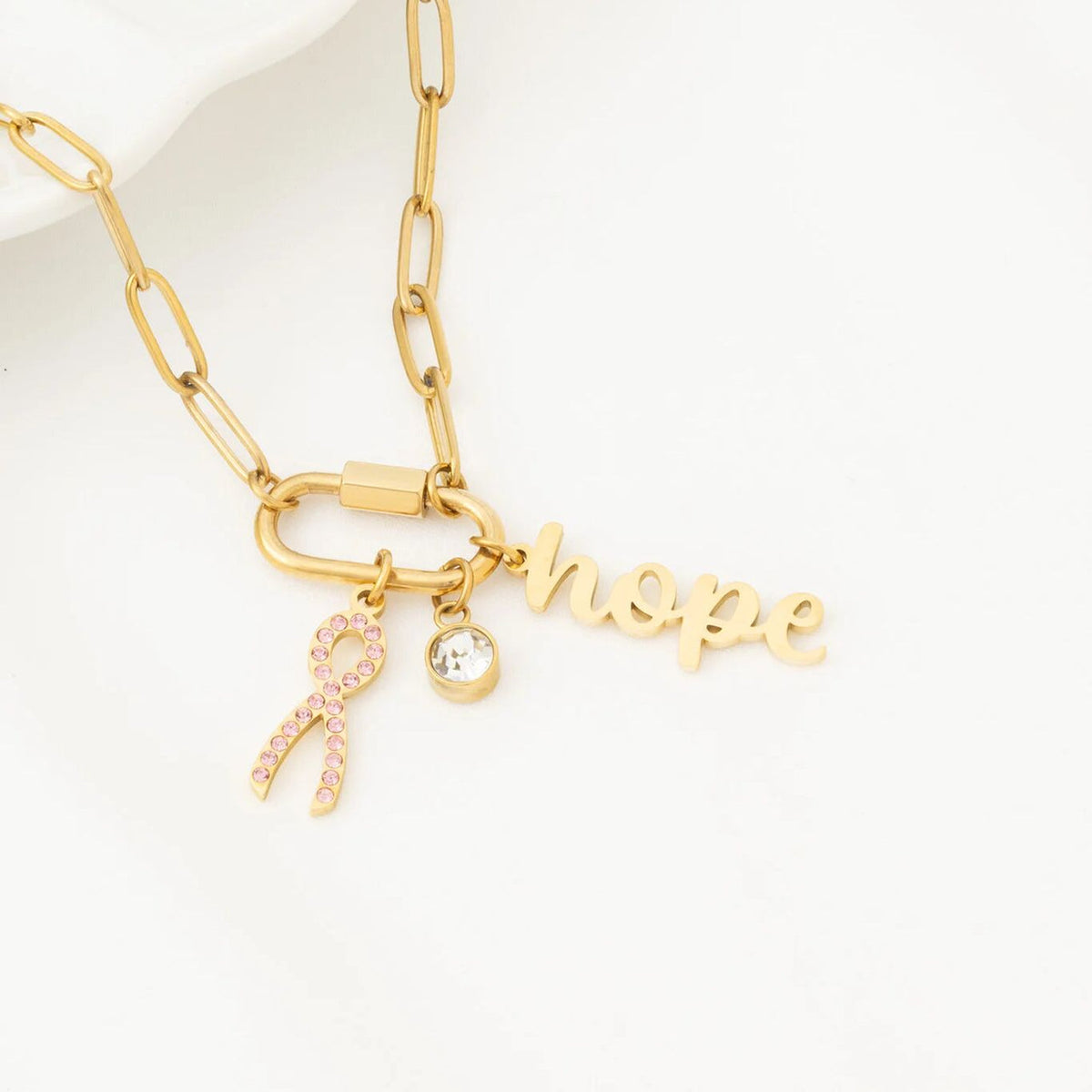 18K Gold PVD Stainless Steel Carabiner 3 Charm Necklace
