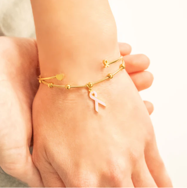 Breast Cancer Awareness Adjustable Ribbon Charm Bracelet PVD