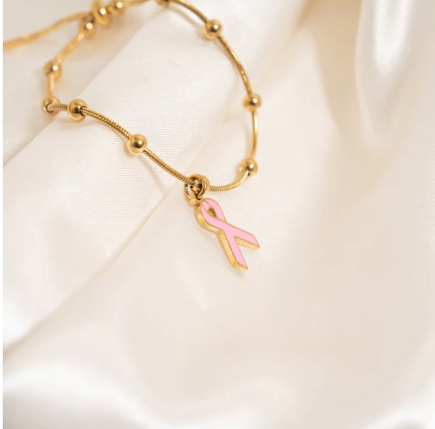 Breast Cancer Awareness Adjustable Ribbon Charm Bracelet PVD
