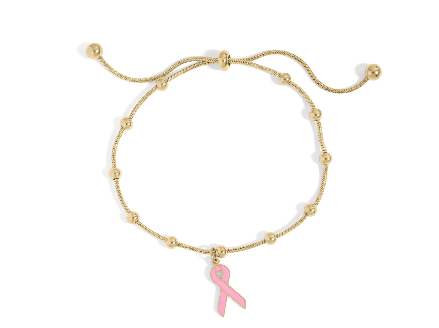 Breast Cancer Awareness Adjustable Ribbon Charm Bracelet PVD