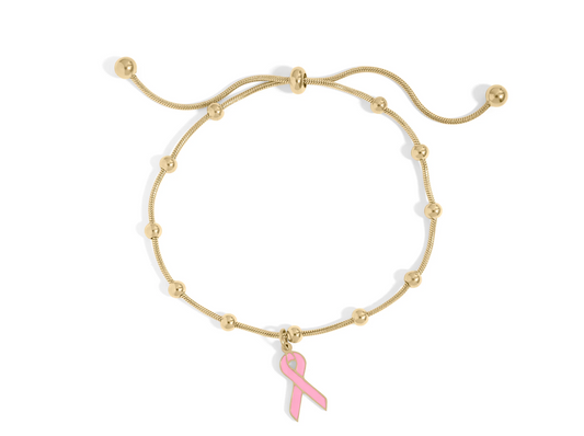 Breast Cancer Awareness Adjustable Ribbon Charm Bracelet PVD