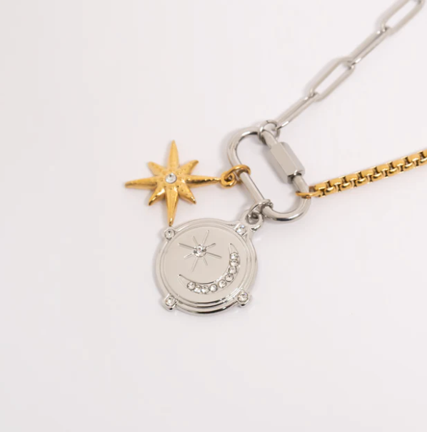 Stainless Steel Moon & Star Coin Charm
