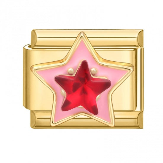3D Pink and Red Star Gold Plated Stainless Steel Italian Charm