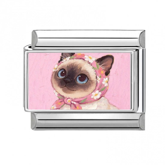 Cat With Flower Headscarf Stainless Steel Italian Charm
