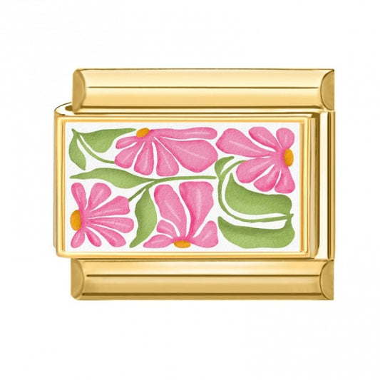 Pink Designed Flowers Gold Plated Stainless Steel Italian CharM