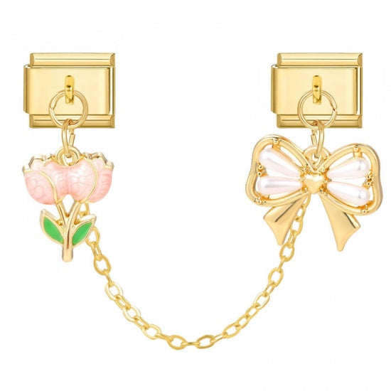 Bow & Tulip Chain Charm Gold Plated Stainless Steel Charm
